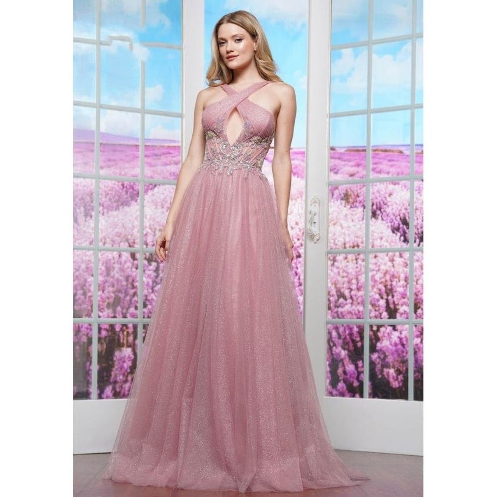 Colors Dress 3514 Mauve Glitter Tulle Beaded Halter Prom Gown Size 4 NEW